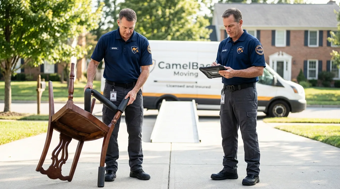 Movers inspecting furniture for damage prevention before loading in Elkview, WV