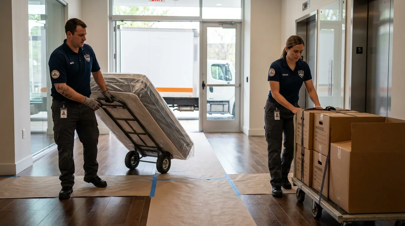 Professional apartment movers loading elevator in Elkview, WV